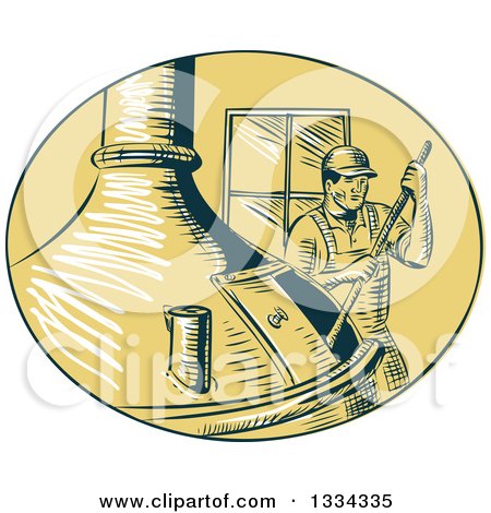 Clipart of a Retro Sketched Brewmaster Stirring Beer in a Kettle - Royalty Free Vector Illustration by patrimonio