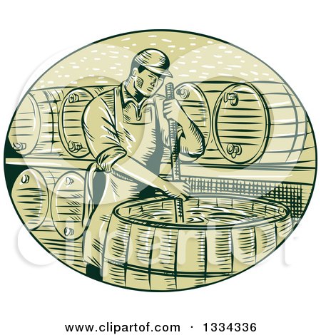 Clipart of a Sketched Male Brewmaster Stirring Beer Brew in a Kettle Barrel - Royalty Free Vector Illustration by patrimonio