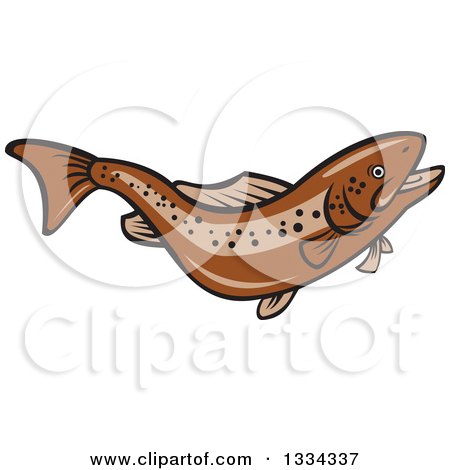 Clipart of a Cartoon Swimming or Jumping Brown Trout Fish - Royalty Free Vector Illustration by patrimonio