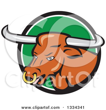 Clipart of a Cartoon Texas Longhorn Steer Bull in a Black White and Green Circle - Royalty Free Vector Illustration by patrimonio