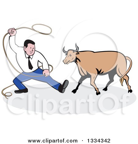 Clipart of a Cartoon Caucasian Businessman Swinging a Lasso Towards a Bull - Royalty Free Vector Illustration by patrimonio