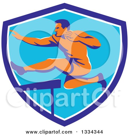 Clipart of a Retro Orange Male Track and Field Athlete Running and Leaping Hurdles in a Blue and White Shield - Royalty Free Vector Illustration by patrimonio