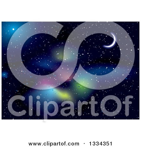 Clipart of a Starry Outer Space Background with a Crescent Moon, Colorful Nebula and Stars - Royalty Free Vector Illustration by michaeltravers
