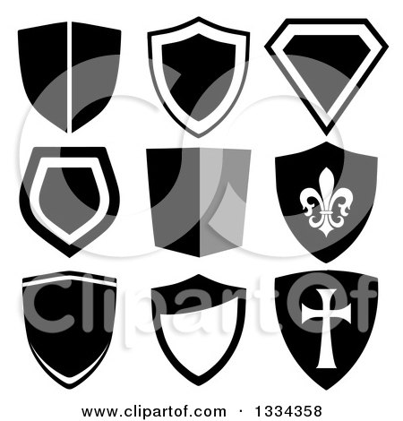 Clipart of Grayscale Shield Designs, One with a Templar Cross and One with a Fleur De Lis - Royalty Free Vector Illustration by michaeltravers