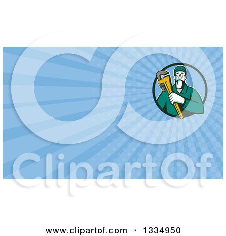 Clipart of a Retro Male Plumber Holding a Monkey Wrench in a Circle and Blue Rays Background or Business Card Design - Royalty Free Illustration by patrimonio