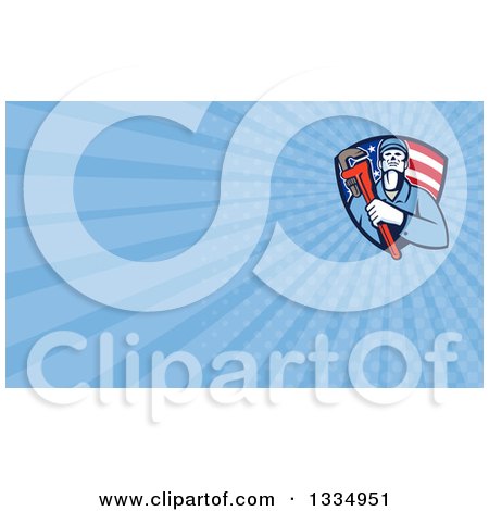 Clipart of a Retro Male Plumber Holding a Monkey Wrench in an American Flag Shield and Blue Rays Background or Business Card Design - Royalty Free Illustration by patrimonio