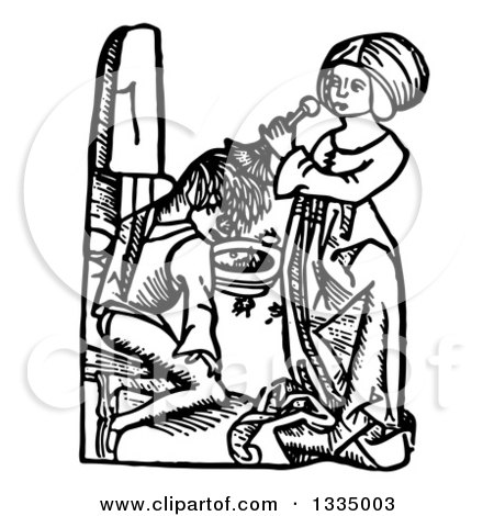 Clipart of a Black and White Woodcut Medieval Woman Cleansing a Man's Scalp of Dandruff or Headlice with Broom-Rape - Royalty Free Vector Illustration by Picsburg