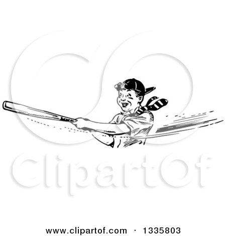 Clipart of a Retro Black and White Happy Boy Swinging a Baseball Bat - Royalty Free Vector Illustration by Picsburg