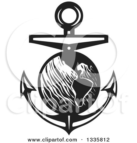 Clipart of a Black and White Woodcut Planet Earth over a Nautical Anchor - Royalty Free Vector Illustration by xunantunich