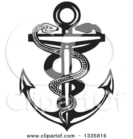 Clipart of a Black and White Woodcut Double Snake Caduceus Nautical Anchor - Royalty Free Vector Illustration by xunantunich