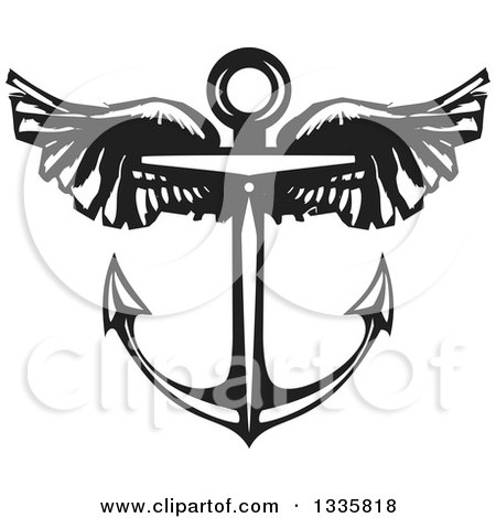 Clipart of a Black and White Woodcut Winged Nautical Anchor - Royalty Free Vector Illustration by xunantunich