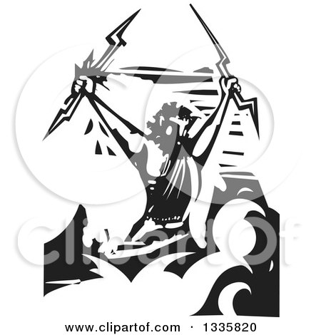 Clipart of a Black and White Woodcut Greek God, Zeus Holding Lightning Bolts over Clouds - Royalty Free Vector Illustration by xunantunich