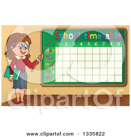 Clipart of a Cartoon Brunette White Female Teacher Holding a Pointer Stick to a Time Table - Royalty Free Vector Illustration by visekart