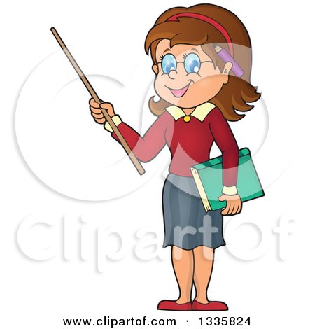 Clipart of a Cartoon Brunette White Female Teacher Holding a Pointer Stick - Royalty Free Vector Illustration by visekart