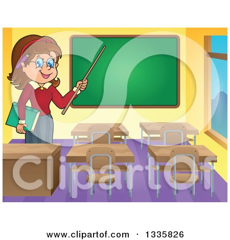 Clipart of a Cartoon Brunette White Female Teacher Holding a Pointer Stick in a Class Room 2 - Royalty Free Vector Illustration by visekart