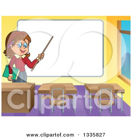 Clipart of a Cartoon Brunette White Female Teacher Holding a Pointer Stick to a White Board in a Class Room - Royalty Free Vector Illustration by visekart
