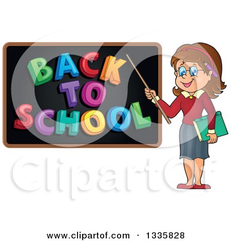 Clipart of a Cartoon Brunette White Female Teacher Holding a Pointer Stick to a Back to School Black Board - Royalty Free Vector Illustration by visekart