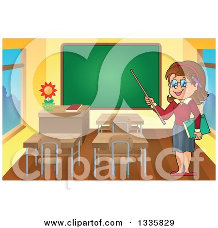 Clipart of a Cartoon Brunette White Female Teacher Holding a Pointer Stick in a Class Room - Royalty Free Vector Illustration by visekart