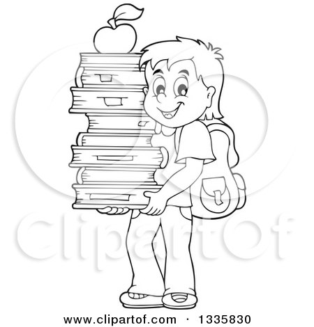 Clipart of a Cartoon Black and White Happy School Boy Carrying an Apple on Top of a Stack of Books - Royalty Free Vector Illustration by visekart