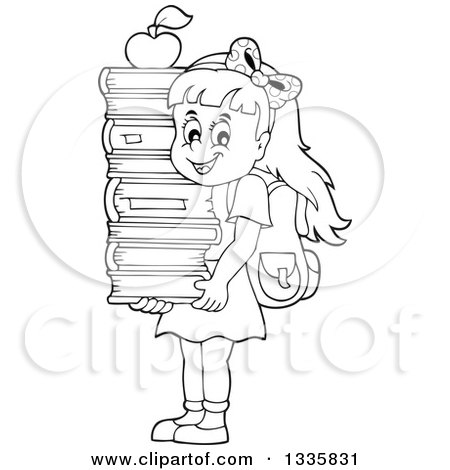 Clipart of a Cartoon Black and White Happy School Girl Carrying an Apple on Top of a Stack of Books - Royalty Free Vector Illustration by visekart