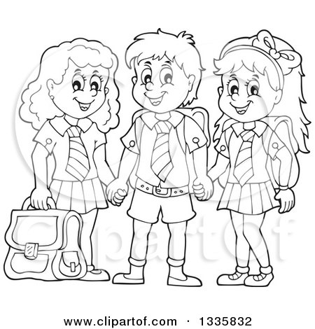Clipart of Cartoon Black and White Happy School Children Wearing Uniforms and Holding Hands - Royalty Free Vector Illustration by visekart
