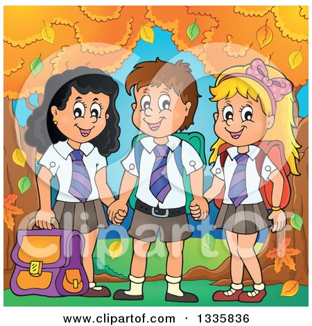 Clipart of Cartoon Happy School Children Wearing Uniforms and Holding Hands by Autumn Trees - Royalty Free Vector Illustration by visekart
