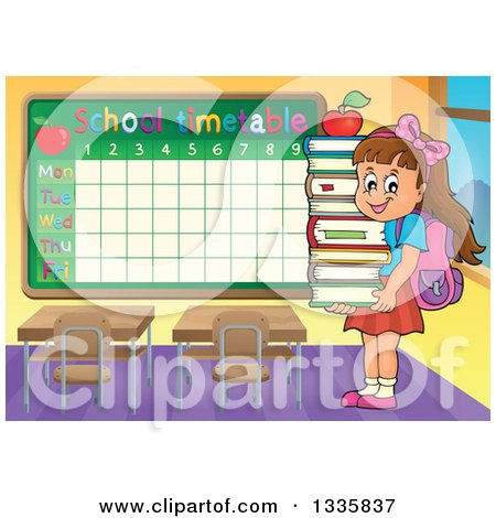 Clipart of a Cartoon Happy Brunette Caucasian School Girl Carrying an Apple and a Stack of Books in a Class Room with a Time Table - Royalty Free Vector Illustration by visekart