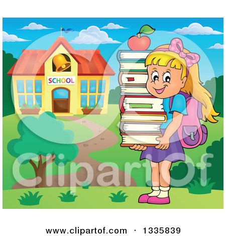 Clipart of a Cartoon Happy Blond Caucasian Girl Carrying an Apple and a Stack of Books by a School Building - Royalty Free Vector Illustration by visekart