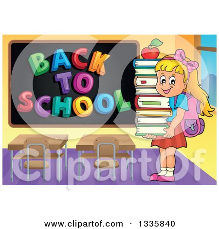 Clipart of a Cartoon Happy Blond Caucasian Student Girl Carrying an Apple and a Stack of Books by a Black Board with a Back to School Greeting - Royalty Free Vector Illustration by visekart