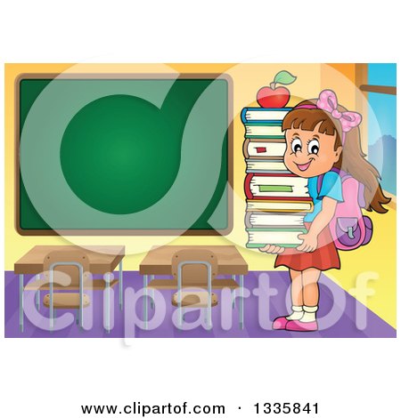 Clipart of a Cartoon Happy Brunette Caucasian School Girl Carrying an Apple and a Stack of Books in a Class Room with a Blank Chalk Board - Royalty Free Vector Illustration by visekart