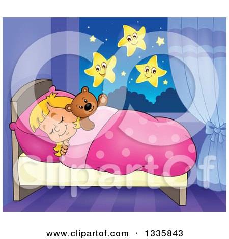 Clipart of a Cartoon Happy Blond Caucasian Girl Sleeping and Dreaming in Bed with a Teddy Bear, with Stars in View from the Window - Royalty Free Vector Illustration by visekart