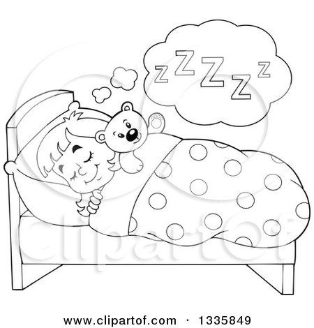 Clipart of a Cartoon Black and White Happy Girl Sleeping and Dreaming in Bed with a Teddy Bear - Royalty Free Vector Illustration by visekart