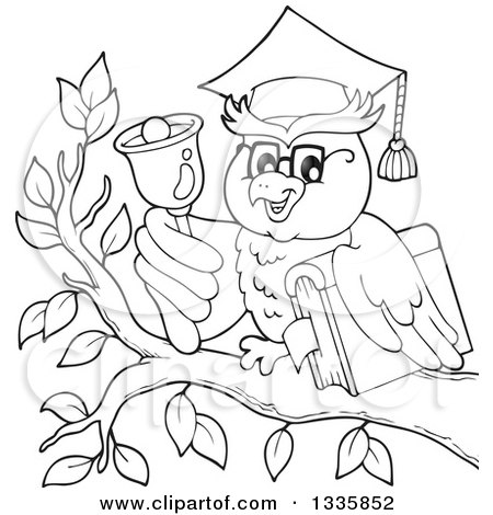 Clipart of a Black and White Cartoon Professor Owl Holding a Book and Ringing a Bell on a Branch - Royalty Free Vector Illustration by visekart