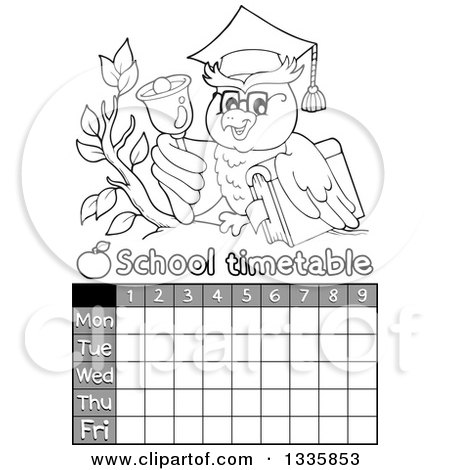 Clipart of a Grayscale Cartoon Professor Owl Holding a Book and Ringing a Bell on a Branch over a Time Table - Royalty Free Vector Illustration by visekart
