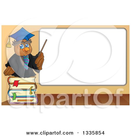 Clipart of a Cartoon Professor Owl on a Stack of Books, Holding a Pointer Stick to a Blank White Board - Royalty Free Vector Illustration by visekart