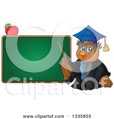 Clipart of a Cartoon Professor Owl Holding a Pointer Stick to a Blank Green Chalk Board with an Apple - Royalty Free Vector Illustration by visekart