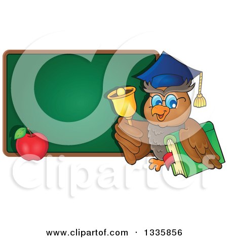 Clipart of a Cartoon Professor Owl Ringing a Bell and Holding a Book by an Apple and Blank Chalk Board - Royalty Free Vector Illustration by visekart