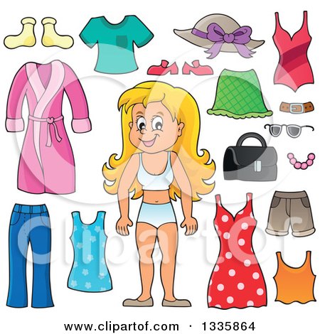 Clipart of a Cartoon Happy Blond White Girl in Her Underwear, Surrounded by Summer Clothing Items - Royalty Free Vector Illustration by visekart