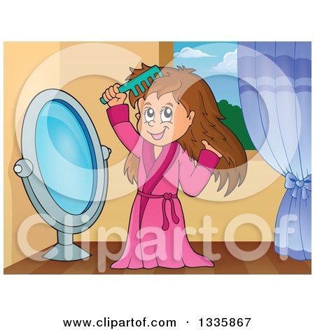 Clipart of a Cartoon Happy Brunette White Girl in a Robe, Combing Her Hair in Front of a Mirror in Her Room - Royalty Free Vector Illustration by visekart