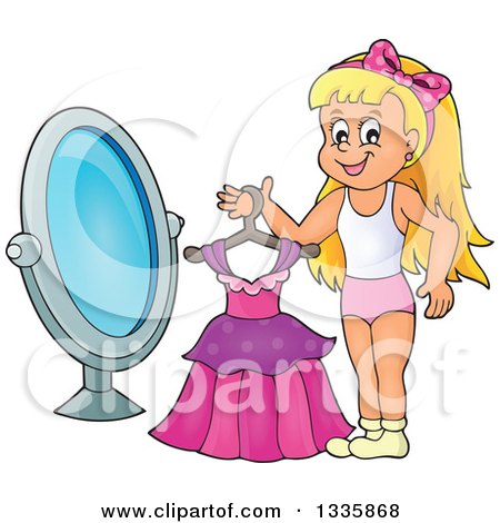 Clipart of a Cartoon Happy Blond Caucasian Girl Holding a Dress on a Hanger in Front of a Mirror - Royalty Free Vector Illustration by visekart