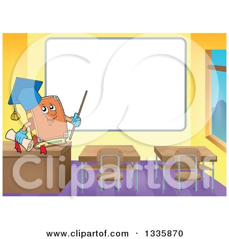 Clipart of a Cartoon Professor Book and in a Class Room, Pointing to a Blank White Board - Royalty Free Vector Illustration by visekart