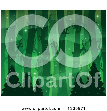 Clipart of a Mysterious Forest Background with Magical Mist in Green Tones - Royalty Free Vector Illustration by visekart