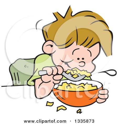 Clipart of a Cartoon Dirty Blond Caucasian Boy Eating Breakfast Cereal - Royalty Free Vector Illustration by Johnny Sajem