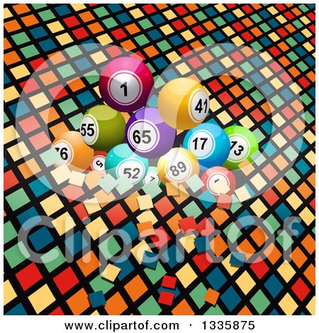 Clipart of 3d Bingo or Lottery Balls over Colorful Tiles - Royalty Free Vector Illustration by elaineitalia