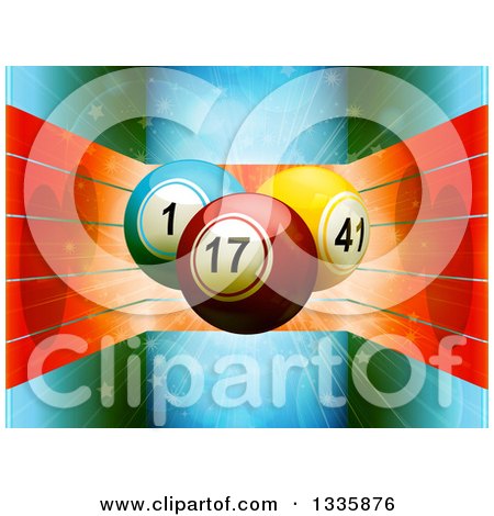 Clipart of 3d Bingo or Lottery Balls over Red Lines on Blue Flares and Stars - Royalty Free Vector Illustration by elaineitalia