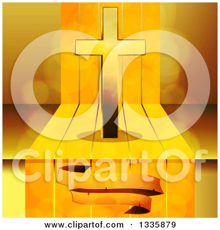 Clipart of a 3d Gold Cross with an Aged Blank Banner over Steps and Flares - Royalty Free Vector Illustration by elaineitalia