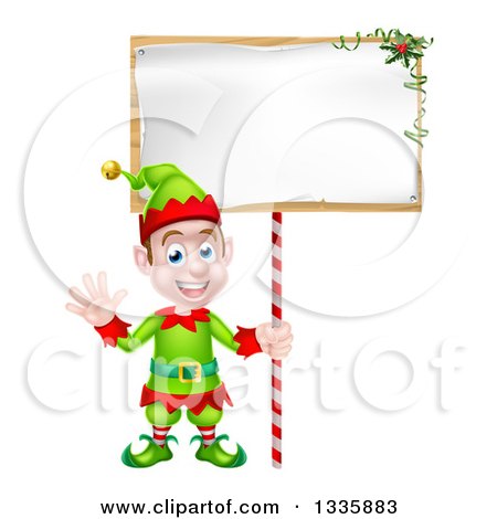 Clipart of a Cartoon Happy Male Christmas Elf Waving and Holding a Blank Sign - Royalty Free Vector Illustration by AtStockIllustration