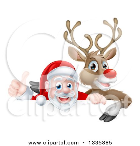 Clipart of a Cartoon Christmas Red Nosed Reindeer and Santa Giving a Thumb up Above a Sign - Royalty Free Vector Illustration by AtStockIllustration