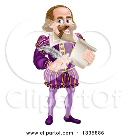 Clipart of a Cartoon Full Length Happy William Shakespeare Holding a Scroll and Quill - Royalty Free Vector Illustration by AtStockIllustration
