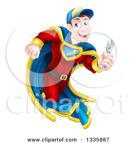 Clipart of a Middle Aged Brunette Caucasian Male Super Hero Mechanic Running with a Wrench - Royalty Free Vector Illustration by AtStockIllustration